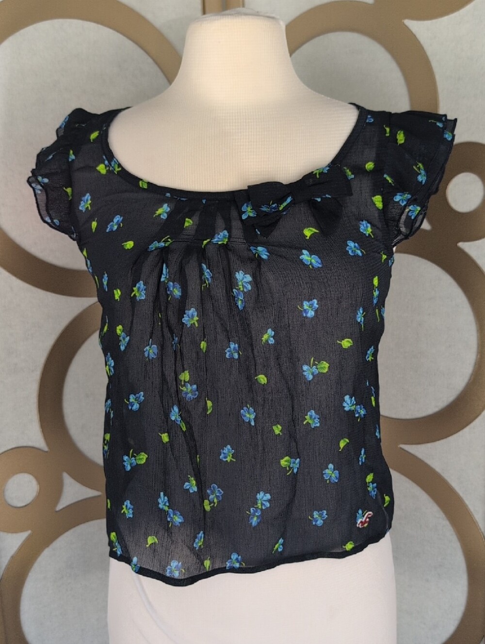 Black Sheer Floral Cap-Sleeve Blouse with Bow Detail